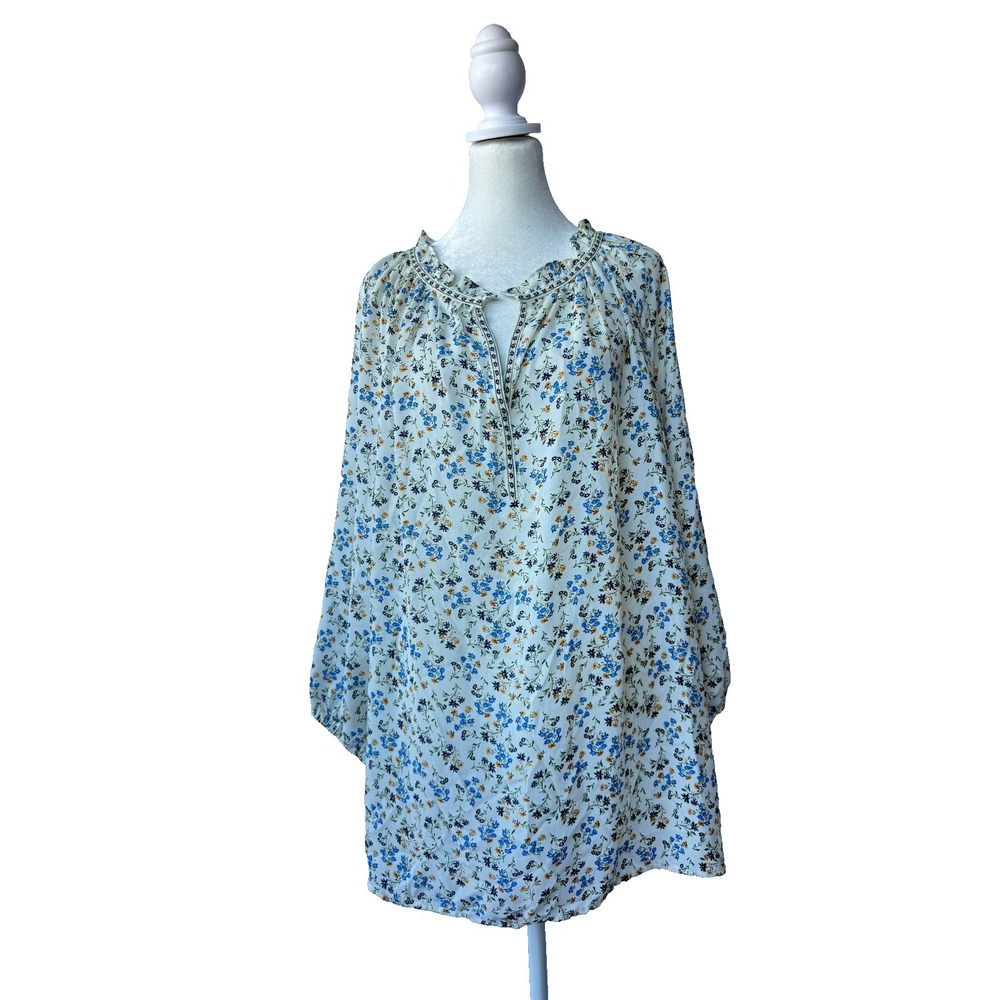 Max Studio Blouse Women 2X Plus Blue Yellow Floral Cottagecore Peasant Boho Chic